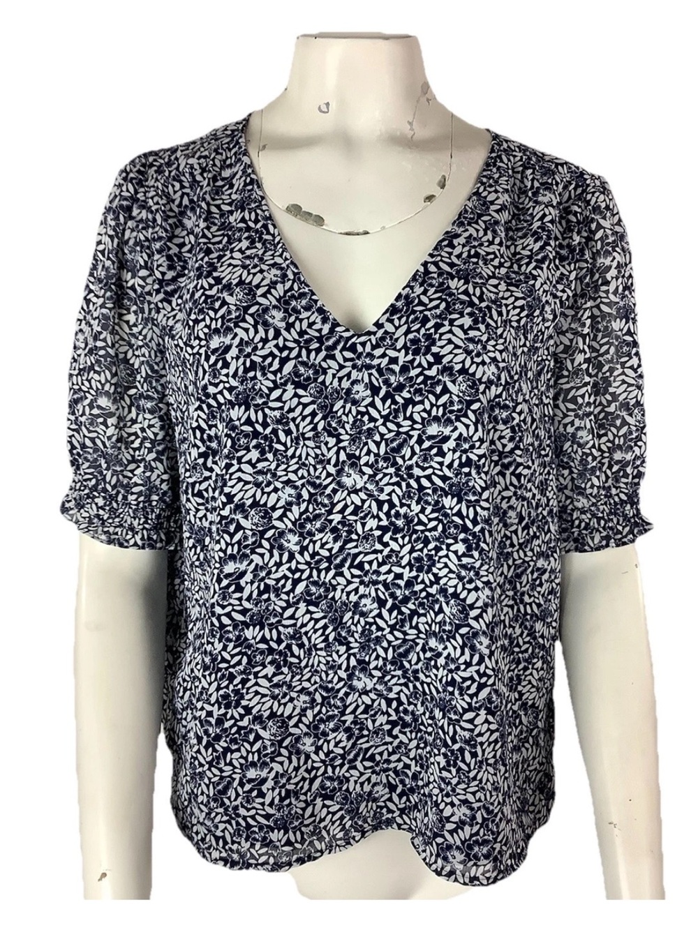 J Crew Sz L Smocked Crinkle Puff Sleeve Floral Business Casual Top Blue